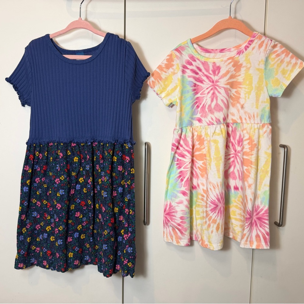 BUNDLE Girls Navy Floral Knit Top Dress and Multicolor Tie-Dye Dress 2 dresses!